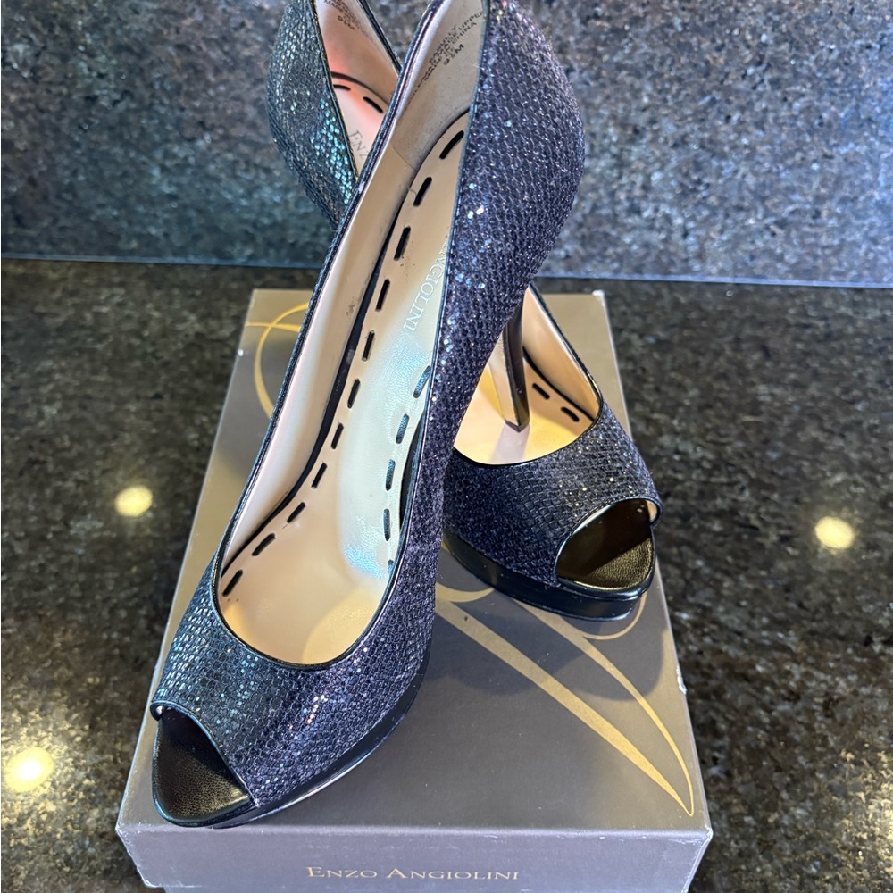 Enzo Angiolini Glittering Black Peep Toe Heels